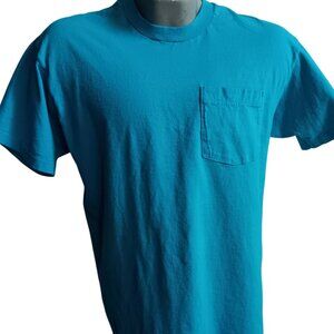 Vintage Single Stitch T-shirt Mens XL FTL Tiel Blue Pocket Tee USA BLANK PLAIN